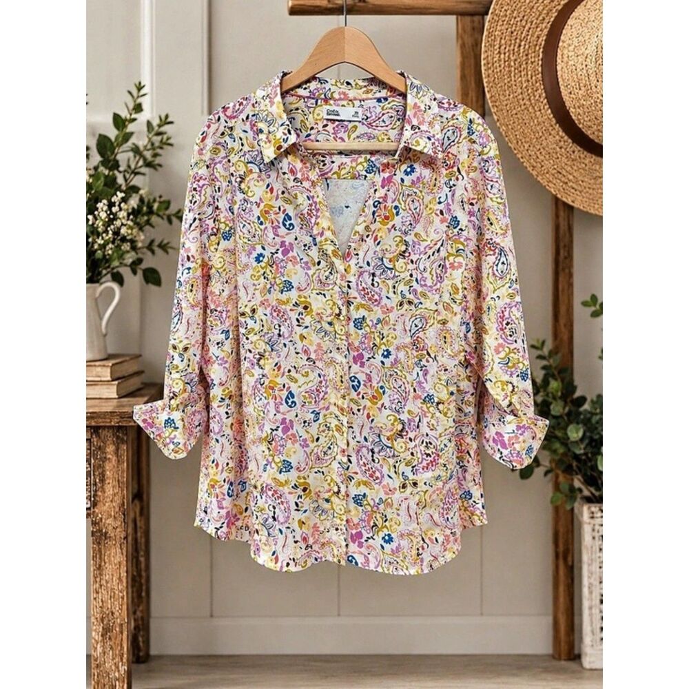 Croft & Barrow Paisley Button Down Shirt in Pink & White Size 3X Like New
